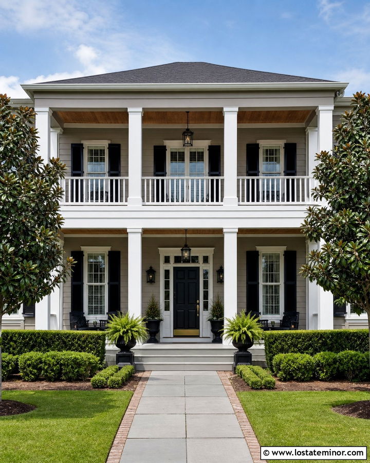 Greige House With Double Porch Columns - 30 Greige House Design With Porch Columns Ideas