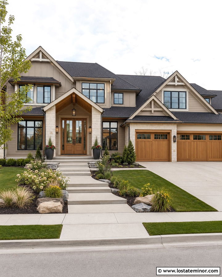 Greige House With Double Wood Entry Doors - 30 Greige House Design With Entry Door Ideas
