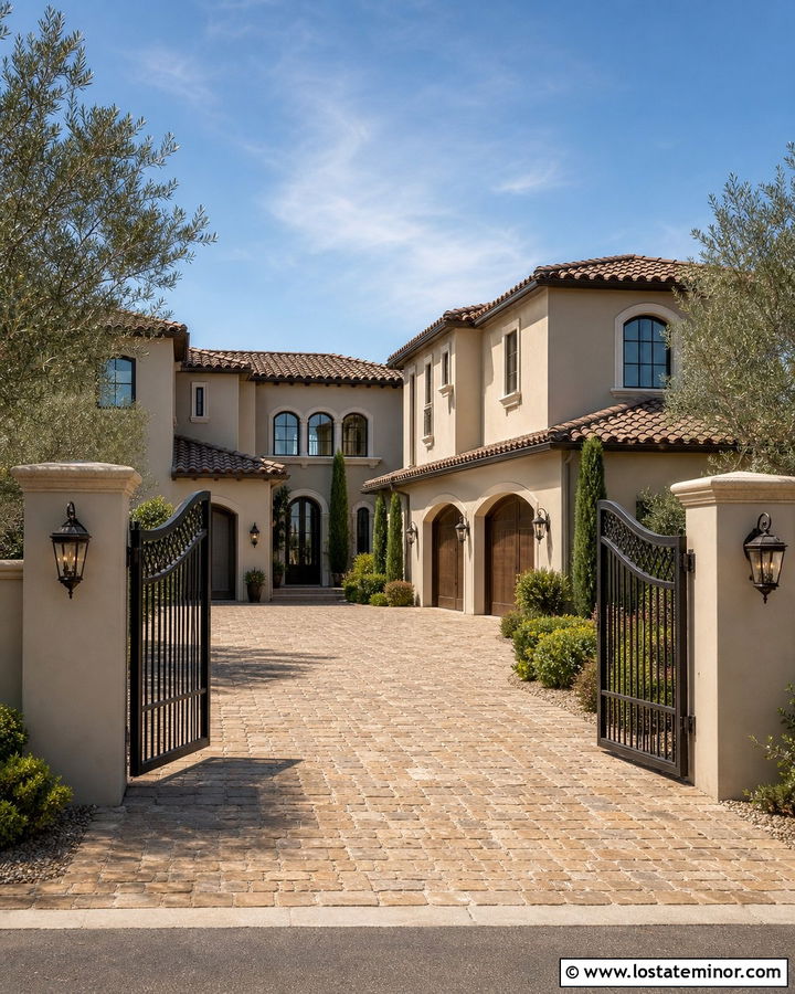 Greige House With Driveway Gate - 30 Greige House Design With Driveway Ideas