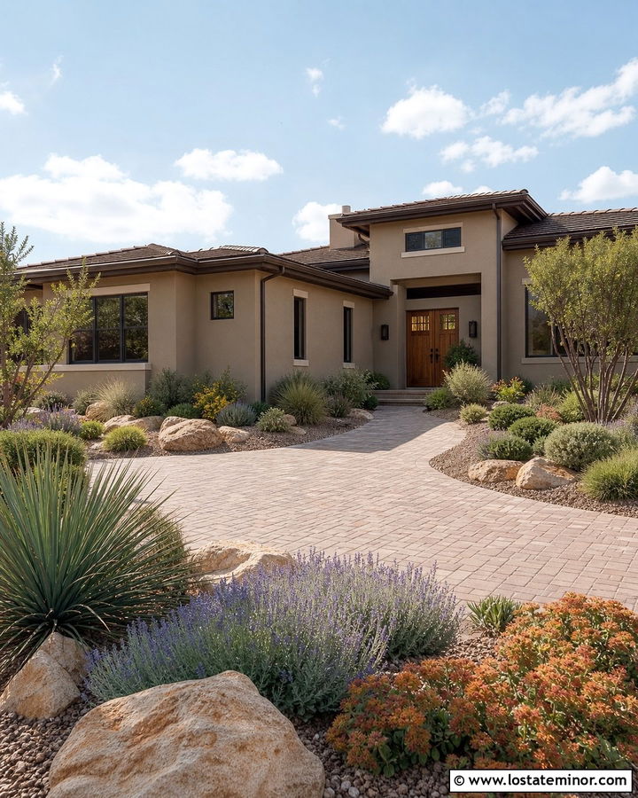 Greige House With Drought Tolerant Front Yard - 30 Greige House Design With Landscaping Ideas