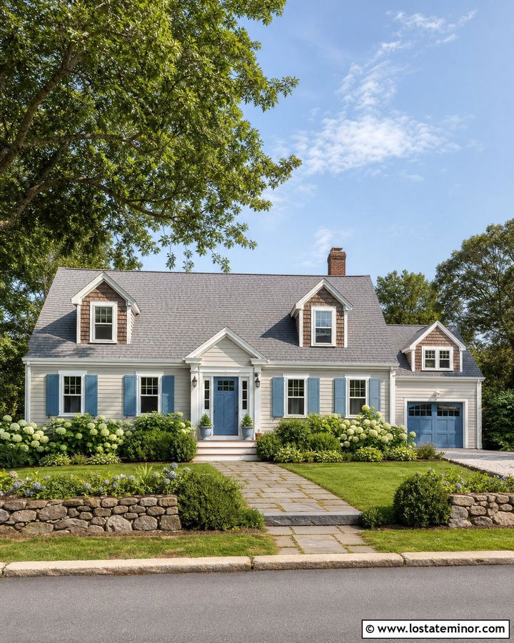 Greige House With Dusty Blue Shutters - 30 Greige House Design With Shutters Ideas