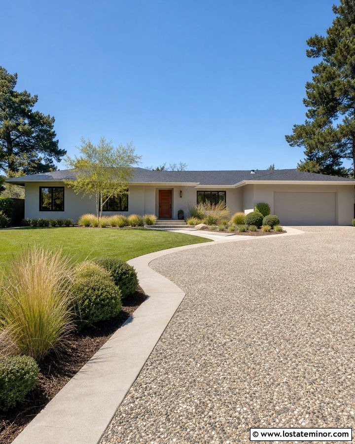 Greige House With Exposed Aggregate Driveway - 30 Greige House Design With Driveway Ideas