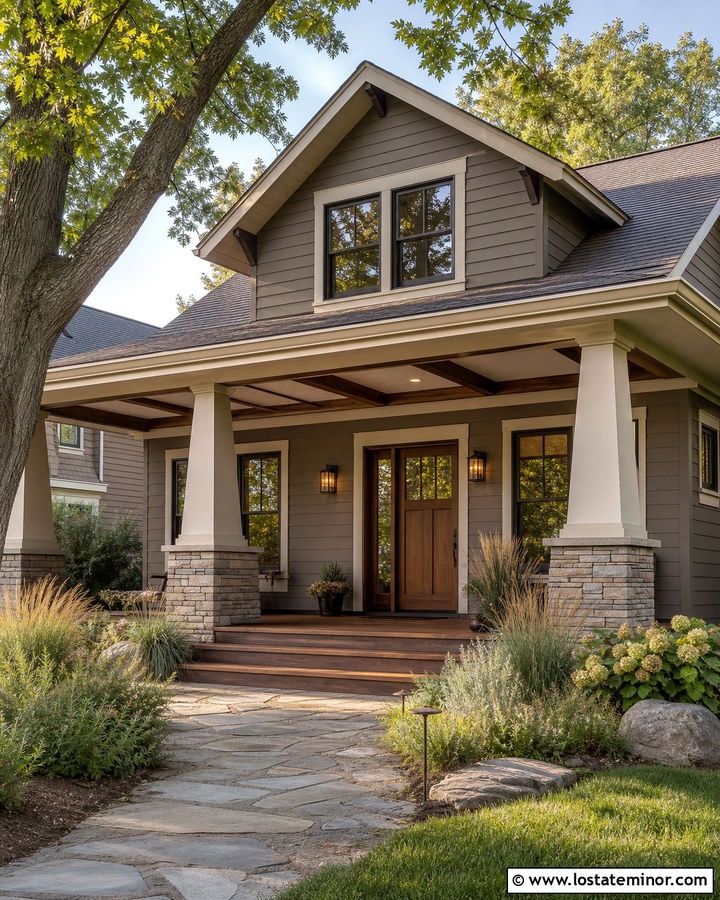 Greige House With Exposed Wood Porch Beams - 30 Greige House Design With Porch Ceiling Ideas