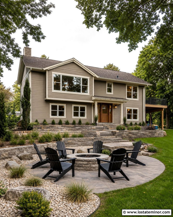 Greige House With Fire Pit Patio - 30 Greige House Design With Backyard Ideas