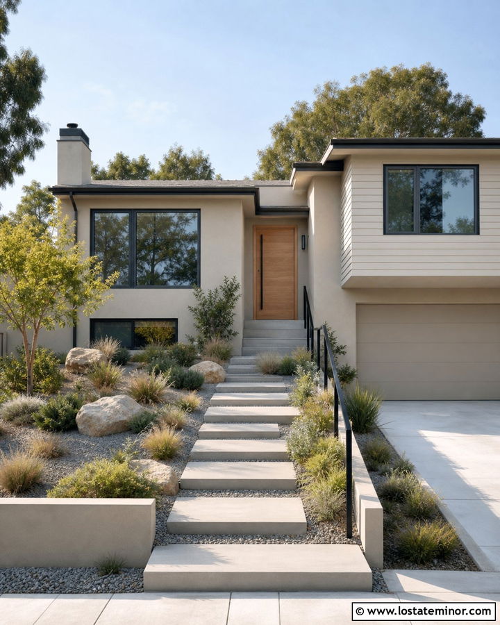 Greige House With Floating Concrete Steps - 30 Greige House Design With Steps Ideas
