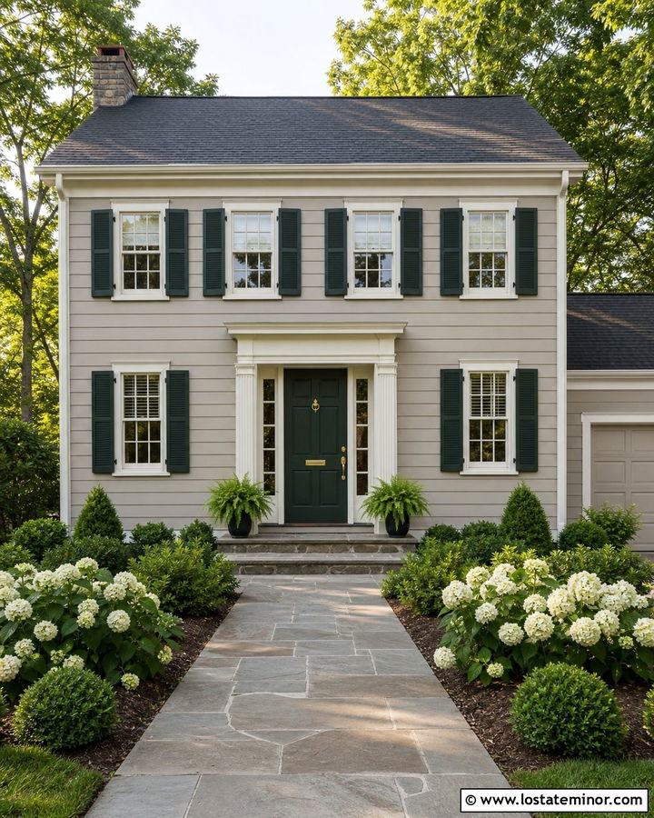 Greige House With Forest Green Front Door - 30 Greige House Design With Front Door Ideas