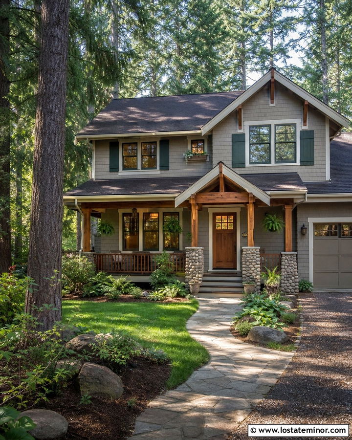Greige House With Forest Green Shutters - 30 Greige House Design With Shutters Ideas