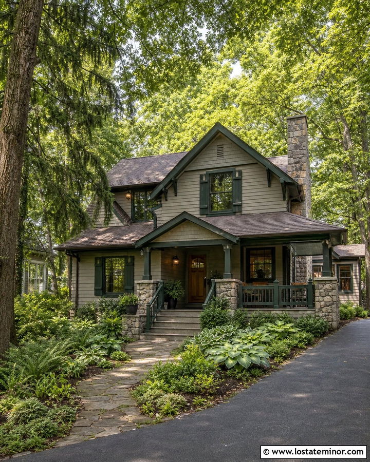 Greige House With Forest Green Trim And Stone Porch - 30 Greige House Design With Accents Ideas