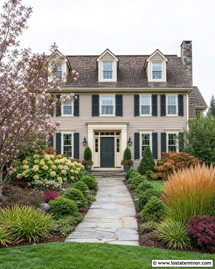 Greige House With Four Season Landscaping - 30 Greige House Design With Landscaping Ideas