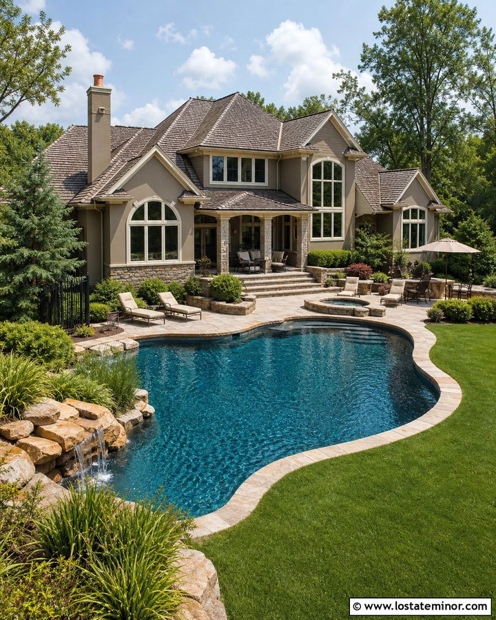 Greige House With Freeform Pool - 30 Greige House Design With Swimming Pool Ideas