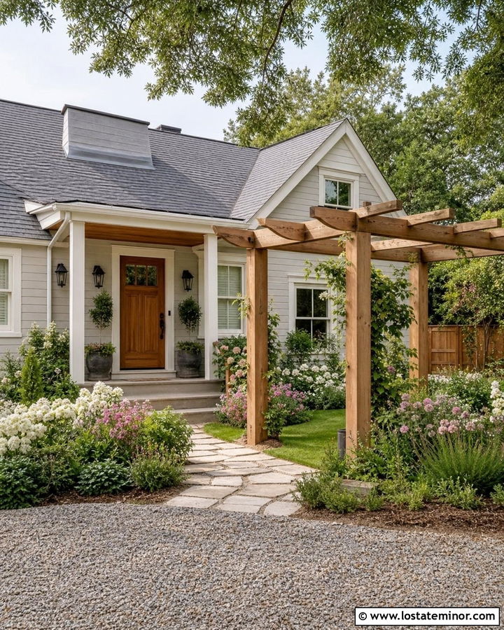 Greige House With Freestanding Garden Pergola - 30 Greige House Design With Pergola Ideas