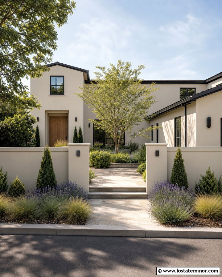 Greige House With Front Courtyard Landscaping - 30 Greige House Design With Landscaping Ideas