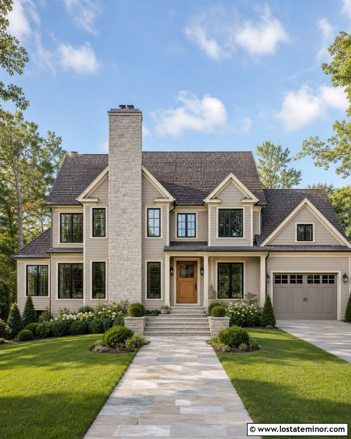 Greige House With Front Facing Stone Chimney - 30 Greige House Design With Chimney Ideas