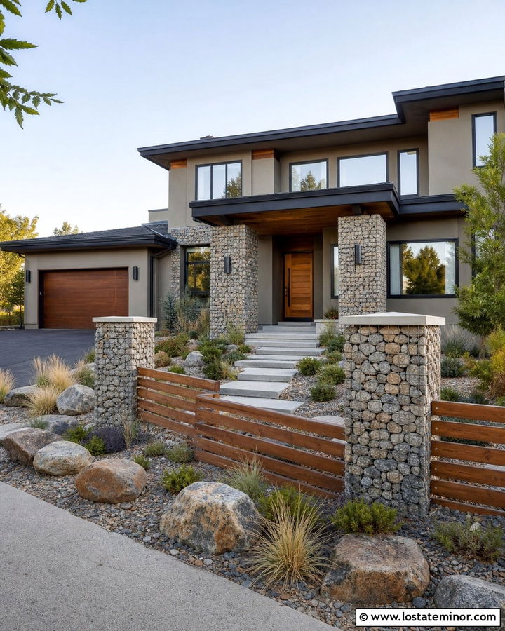Greige House With Gabion Fence - 30 Greige House Design With Fence Ideas