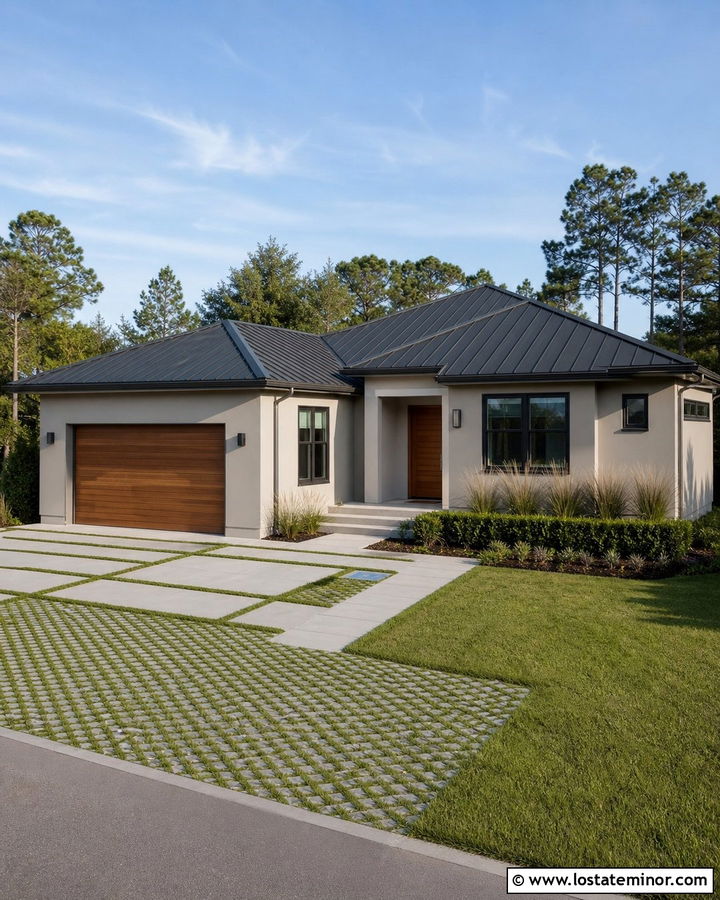 Greige House With Grass Paver Driveway - 30 Greige House Design With Driveway Ideas