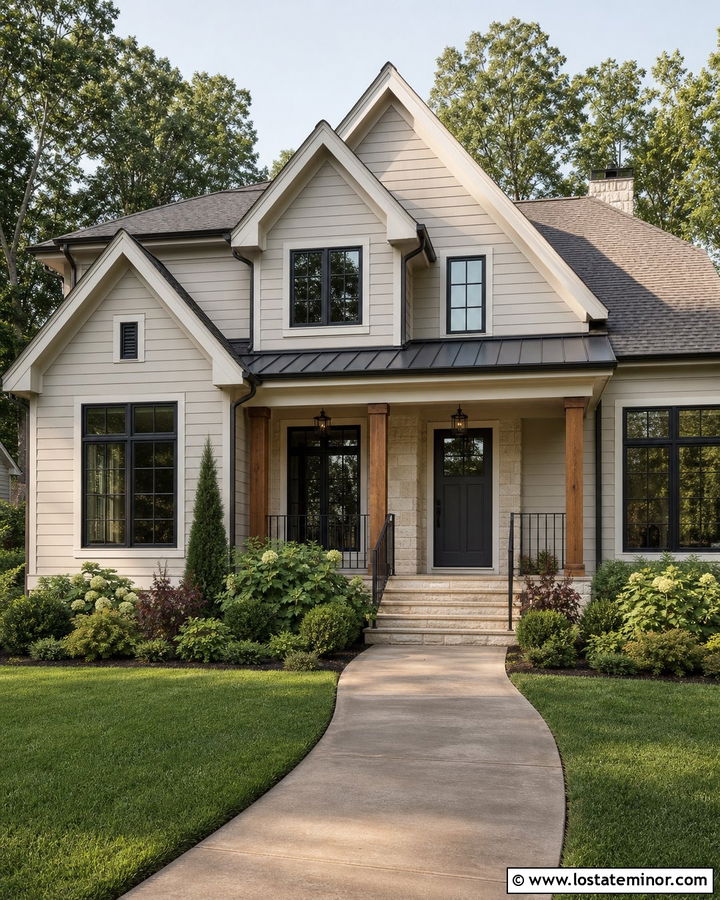 Greige House With Gray Front Door - 30 Greige House Design With Front Door Ideas