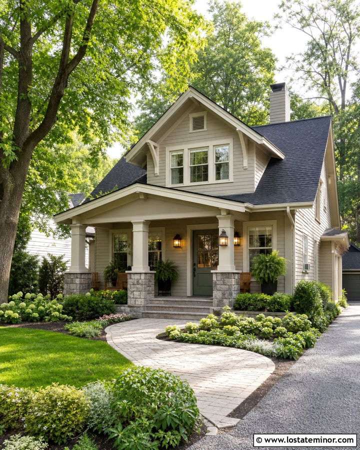 Greige House With Gray Green Door - 30 Greige House Design With Entry Door Ideas