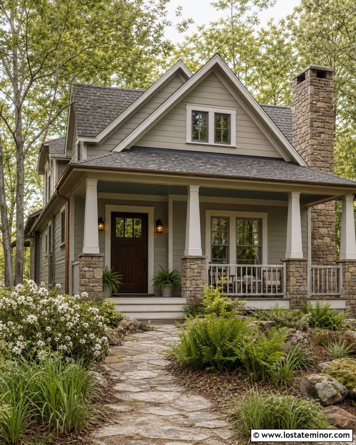 Greige House With Gray Green Porch Ceiling - 30 Greige House Design With Porch Ceiling Ideas