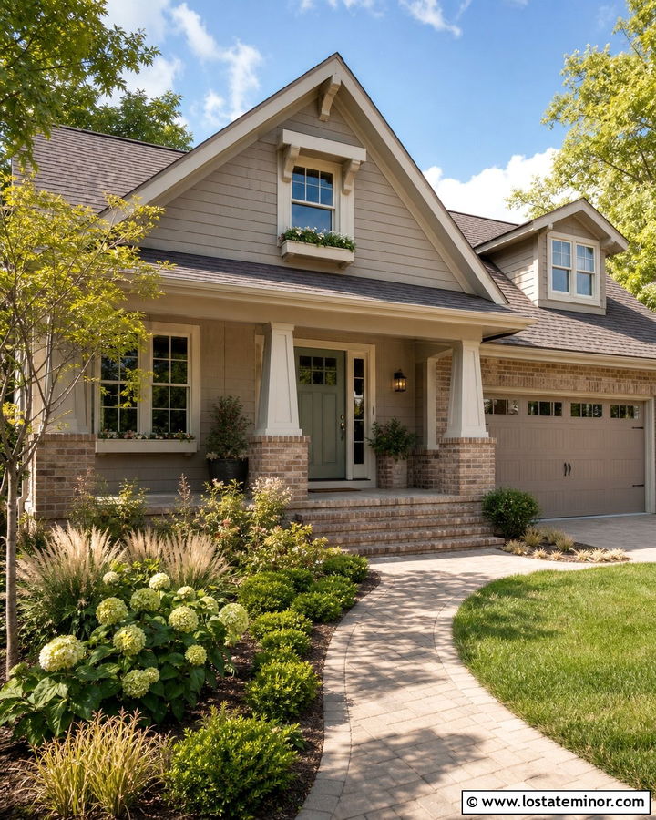 Greige House With Green Door And Tan Brick - 30 Greige House Design With Brick Accents Ideas