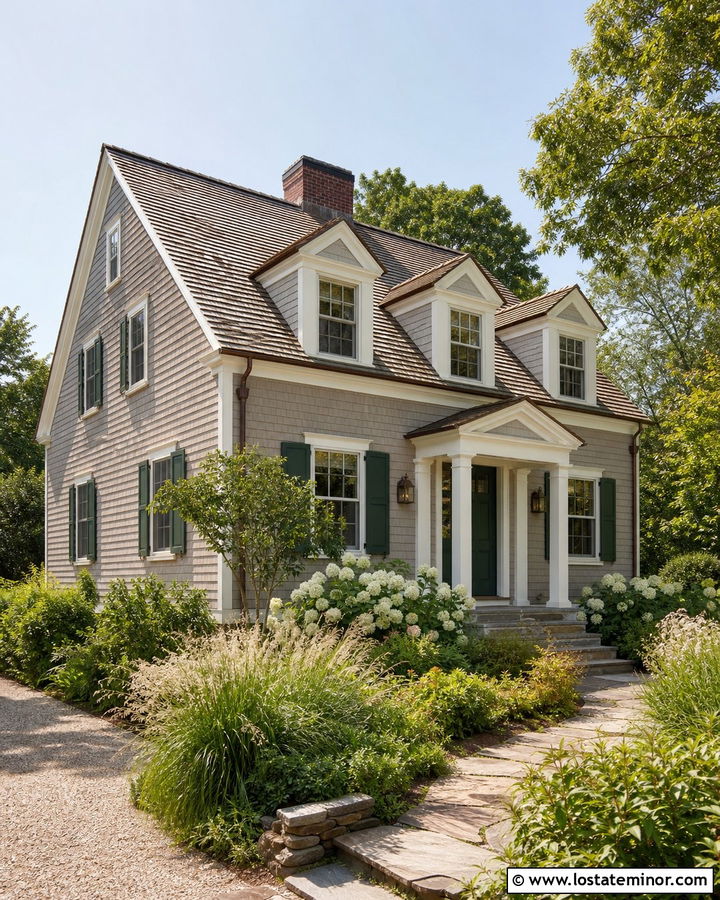Greige House With Green Door And Weathered Shingles - 30 Greige House Design With Shingles Ideas