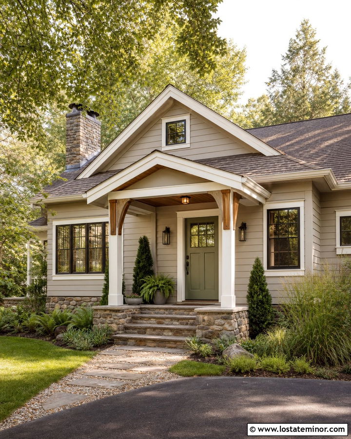 Greige House With Green Front Door Portico - 30 Greige House Design With Portico Ideas