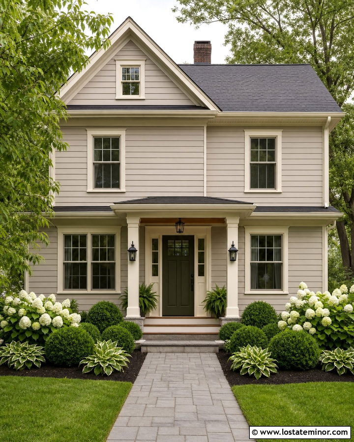 Greige House With Green Front Door - 30 Greige House Design With Front Yard Ideas