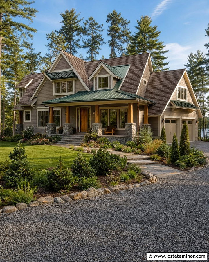 Greige House With Green Metal Roof Dormers - 30 Greige House Design With Dormers Ideas