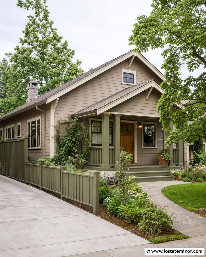 Greige House With Green Painted Fence - 30 Greige House Design With Fence Ideas