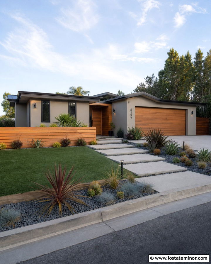 Greige House With Horizontal Cedar Fence - 30 Greige House Design With Fence Ideas