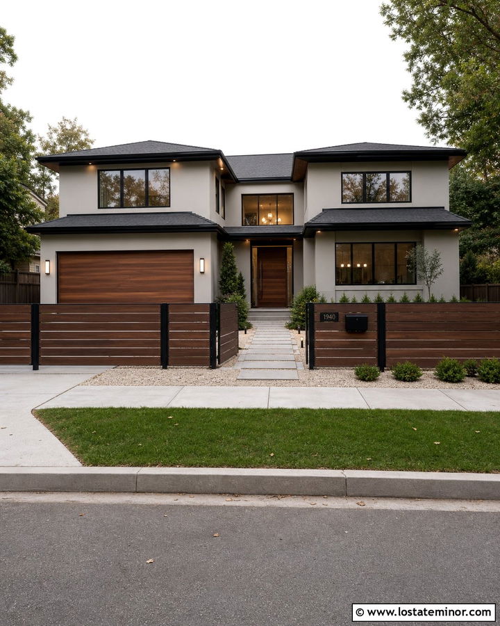 Greige House With Horizontal Composite Fence - 30 Greige House Design With Fence Ideas