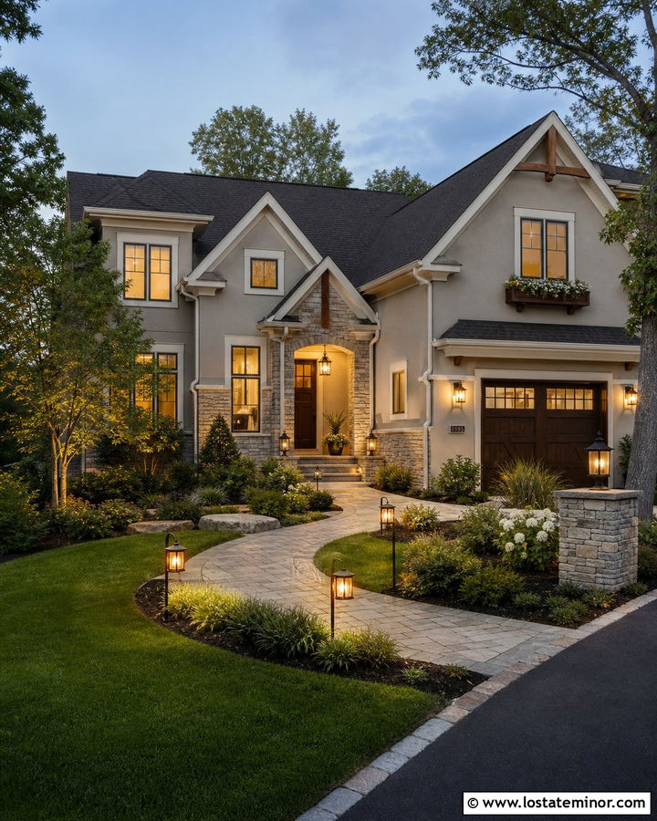 Greige House With Layered Landscape Lighting - 30 Greige House Design With Lighting Ideas
