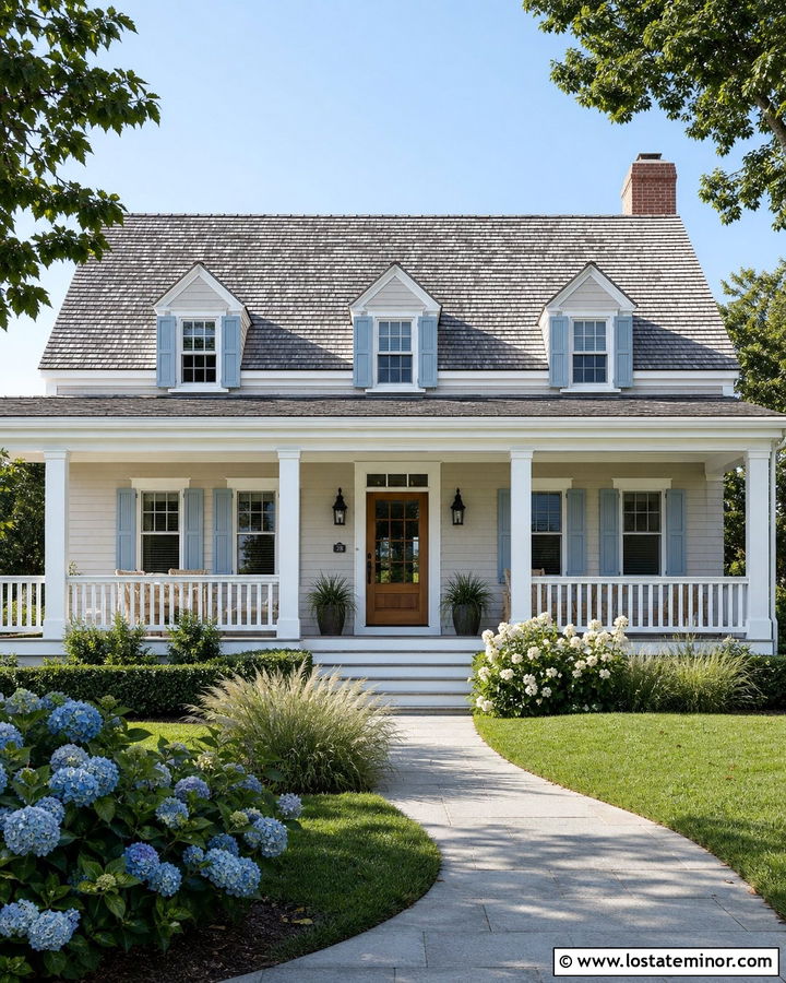 Greige House With Light Blue Shutters And White Porch - 30 Greige House Design With Accents Ideas