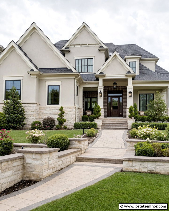 Greige House With Limestone And Brick Wainscoting - 30 Greige House Design With Wainscoting Ideas