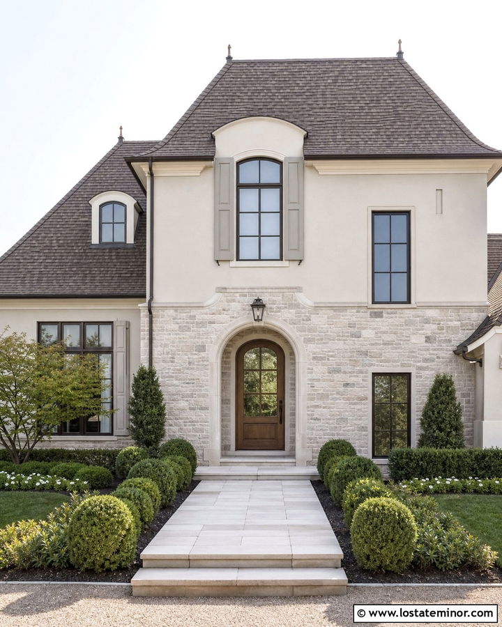 Greige House With Limestone Colored Brick - 30 Greige House Design With Brick Accents Ideas