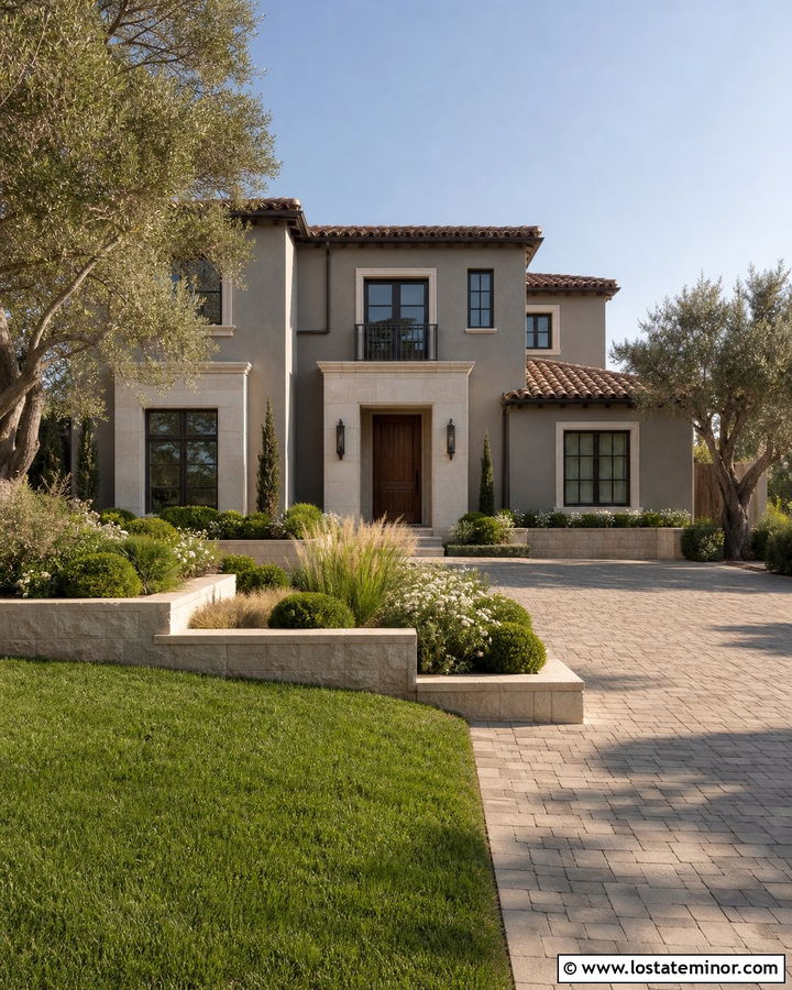 Greige House With Limestone Front Yard Walls - 30 Greige House Design With Front Yard Ideas