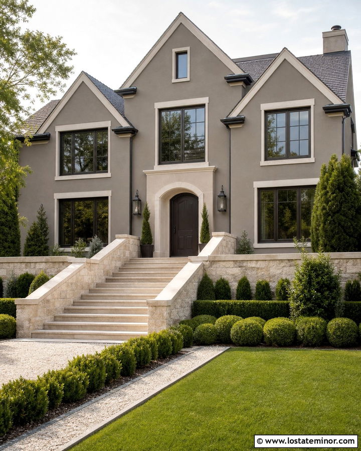 Greige House With Limestone Steps - 30 Greige House Design With Steps Ideas