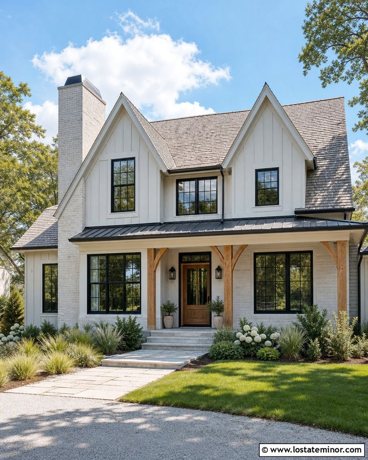 Greige House With Limewashed Brick Chimney - 30 Greige House Design With Chimney Ideas