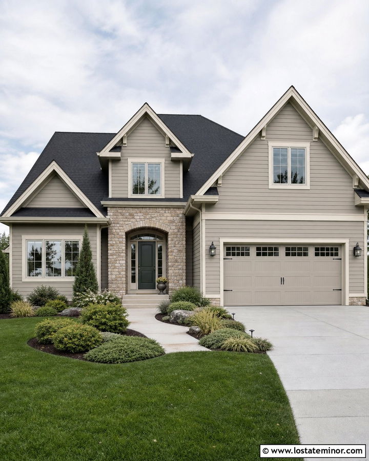 Greige House With Low Maintenance Landscaping - 30 Greige House Design With Landscaping Ideas