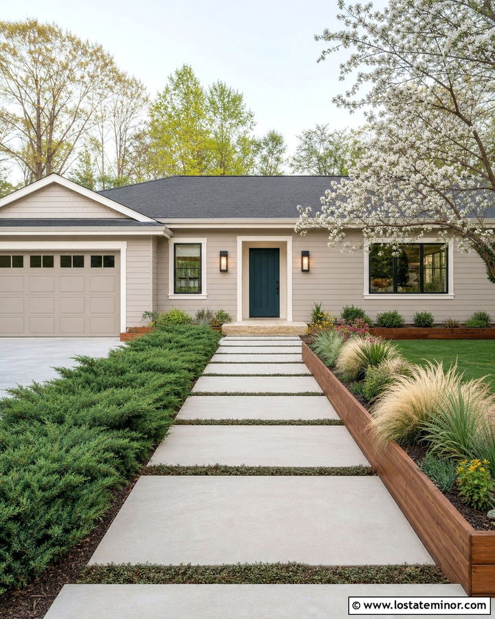 Greige House With Low Ranch Steps - 30 Greige House Design With Steps Ideas