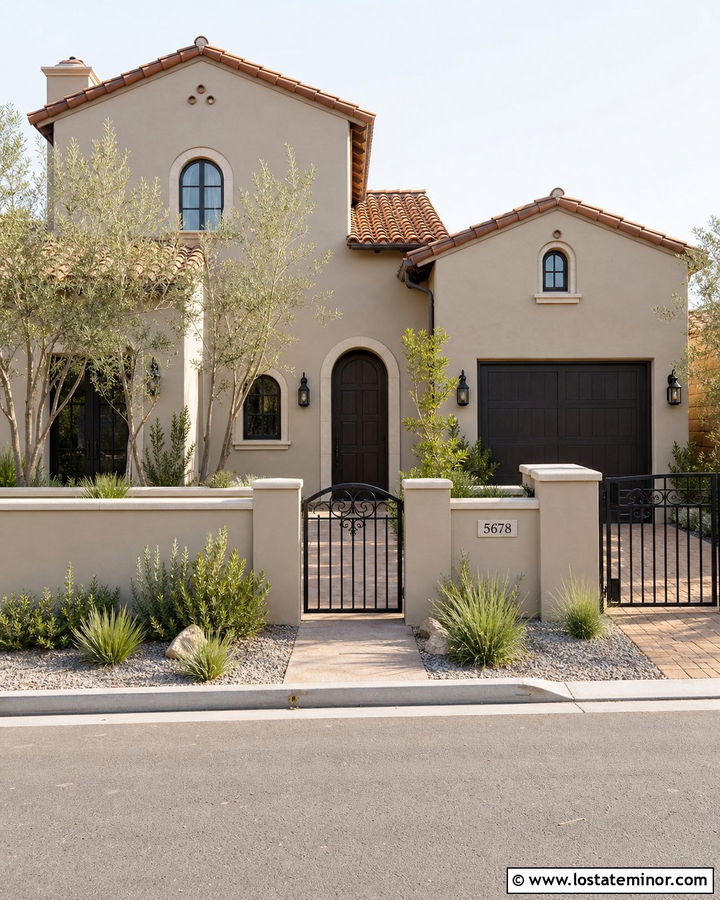 Greige House With Low Stucco Wall Fence - 30 Greige House Design With Fence Ideas