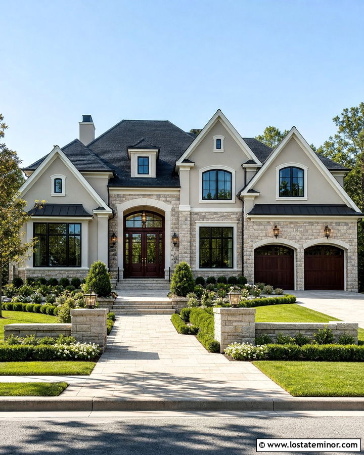 Greige House With Mahogany Front Door - 30 Greige House Design With Entry Door Ideas