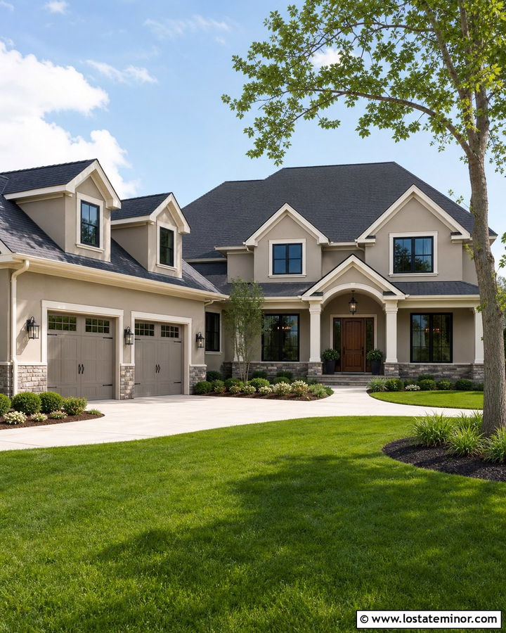 Greige House With Matching Garage Dormers - 30 Greige House Design With Dormers Ideas