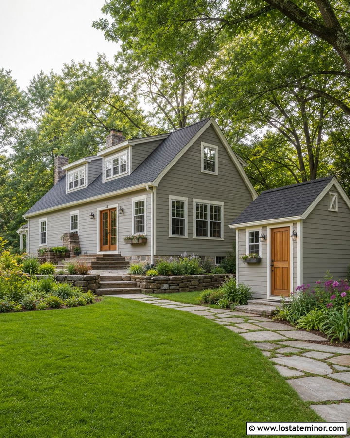 Greige House With Matching Garden Shed - 30 Greige House Design With Backyard Ideas