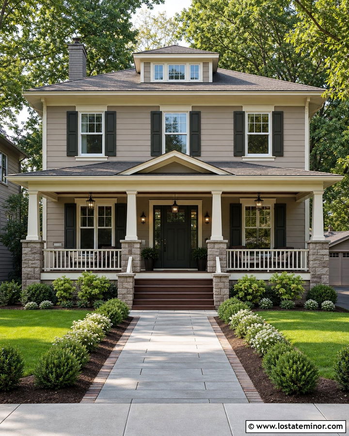Greige House With Matching Shutters And Door - 30 Greige House Design With Shutters Ideas