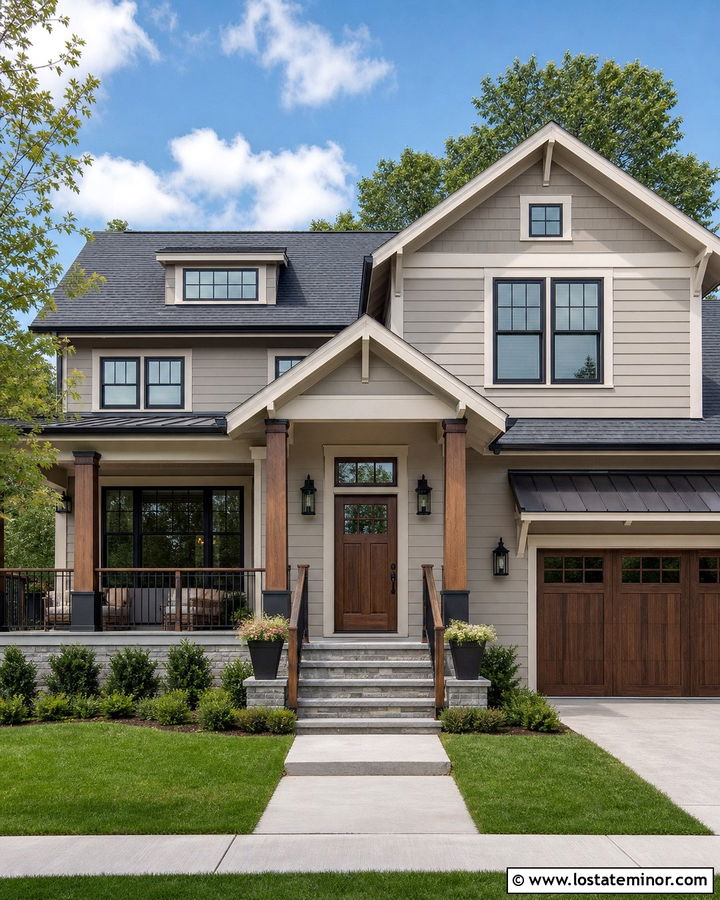 Greige House With Metal And Wood Railings - 30 Greige House Design With Railings Ideas