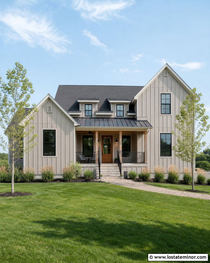 Greige House With Metal Roof And Black Porch - 30 Greige House Design With Accents Ideas