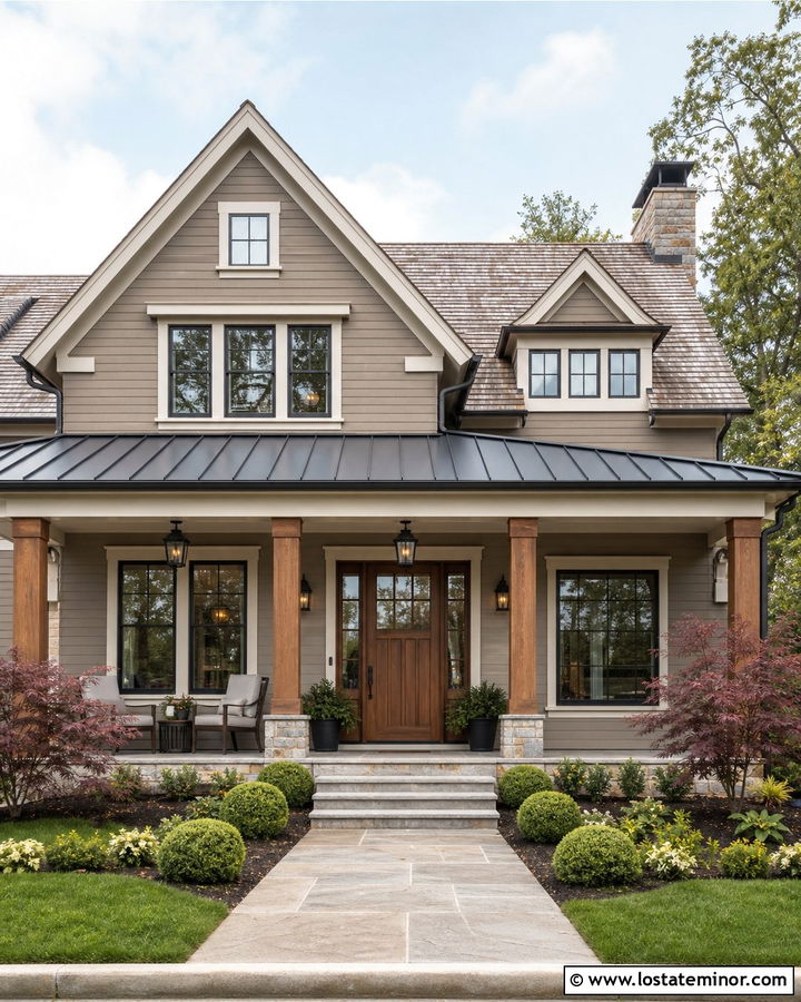 Greige House With Metal Roof Front Porch - 30 Greige House Design With Front Porch Ideas