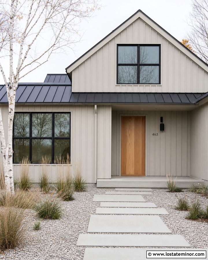Greige House With Minimal Black Numbers - 30 Greige House Design With House Numbers Ideas