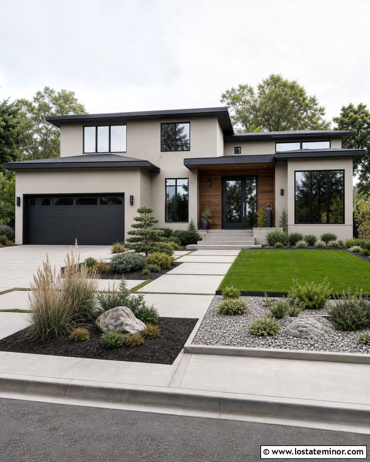 Greige House With Minimal Lawn - 30 Greige House Design With Front Yard Ideas