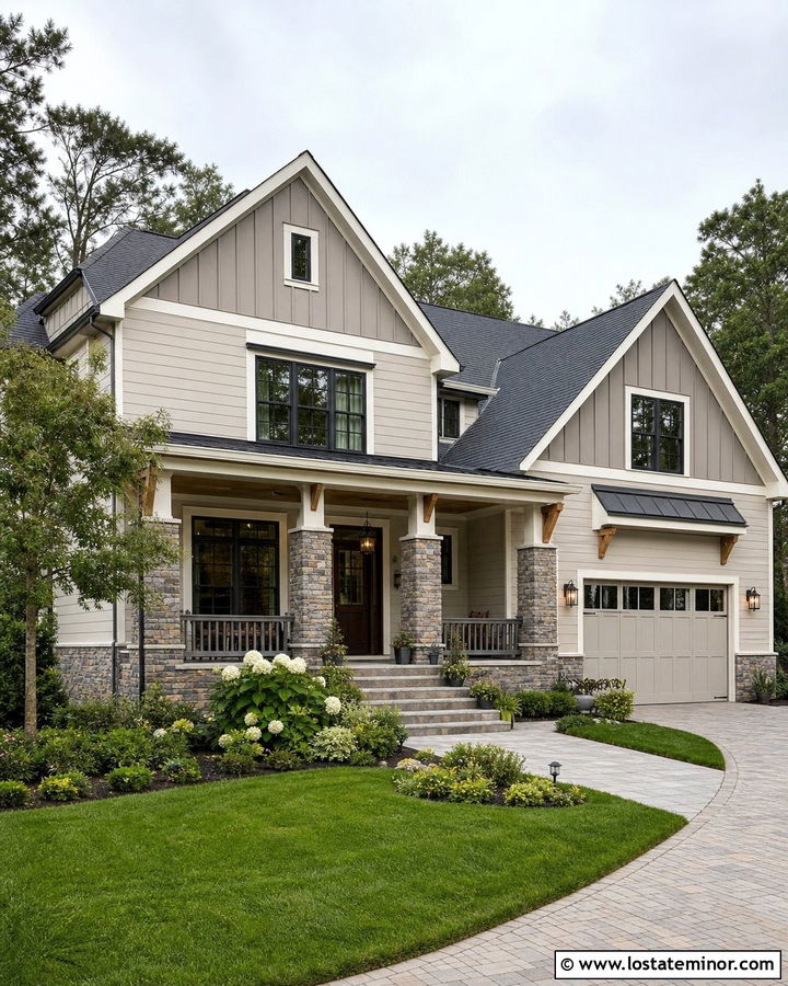 Greige House With Mixed Siding And Stone Accents - 30 Greige House Design With Accents Ideas